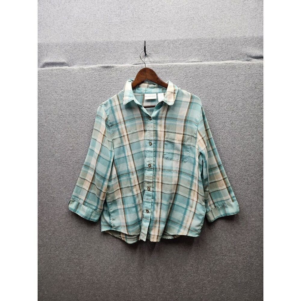 Alfred Dunner Plaid Button Up Shirt Soft Blue Green White Casual Wear